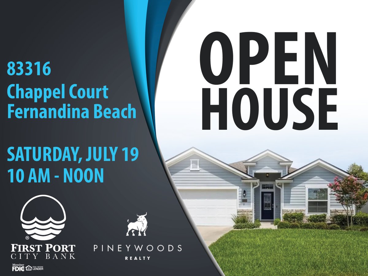 portcity_bank's tweet image. Join Elaine Ritter from First Port City Bank and Realtors Michele Holbrook &amp;amp; Marci Hamilton from Pineywoods Realty for an Open House at:

📍 83316 Chappel Court, Fernandina Beach
📅 Saturday, July 19
🕐 10 AM - Noon

#FPCB #BankLocal #PuttingPeopleFirst