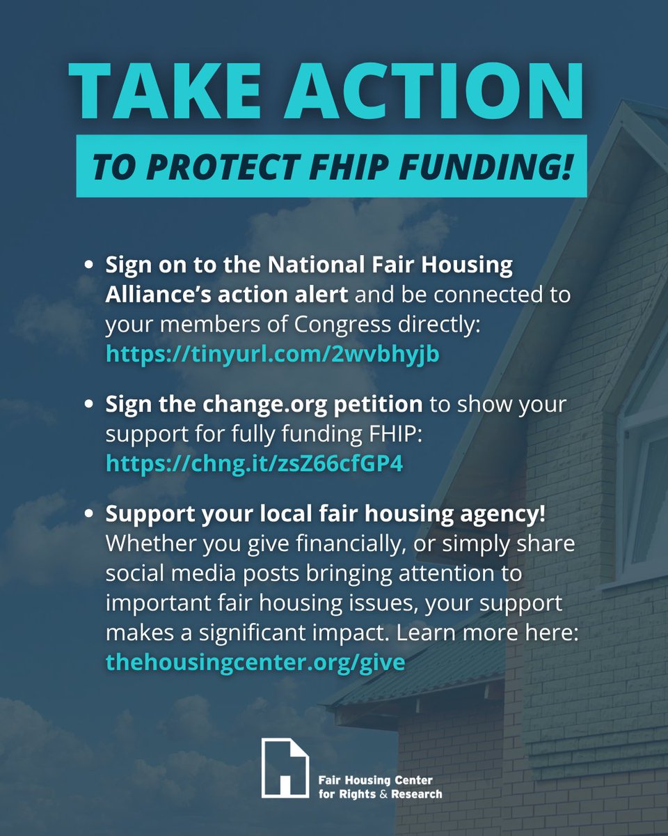 housingcenter's tweet image. 🚨 URGENT: We need your help to protect FHIP funding!
🤝 Take action today! Sign on to @natfairhouse's action alert (tinyurl.com/2wvbhyjb), sign the @Change petition (chng.it/zsZ66cfGP4), and support your local fair housing agency today.