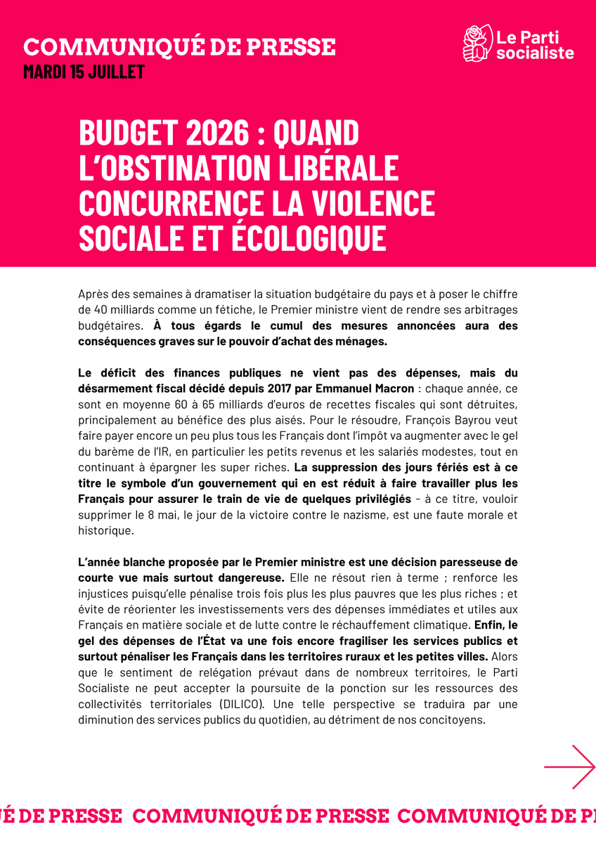 partisocialiste's tweet photo. "La copie présentée est purement inacceptable. Les socialistes feront leurs propres propositions à la rentrée prochaine. Sur les bases actuelles, la censure est la seule perspective."

Notre communiqué suite aux annonces de F. #Bayrou sur le #Budget2026 👉 https://t.co/nfnf8chsjz https://t.co/rJH4rzf3z0