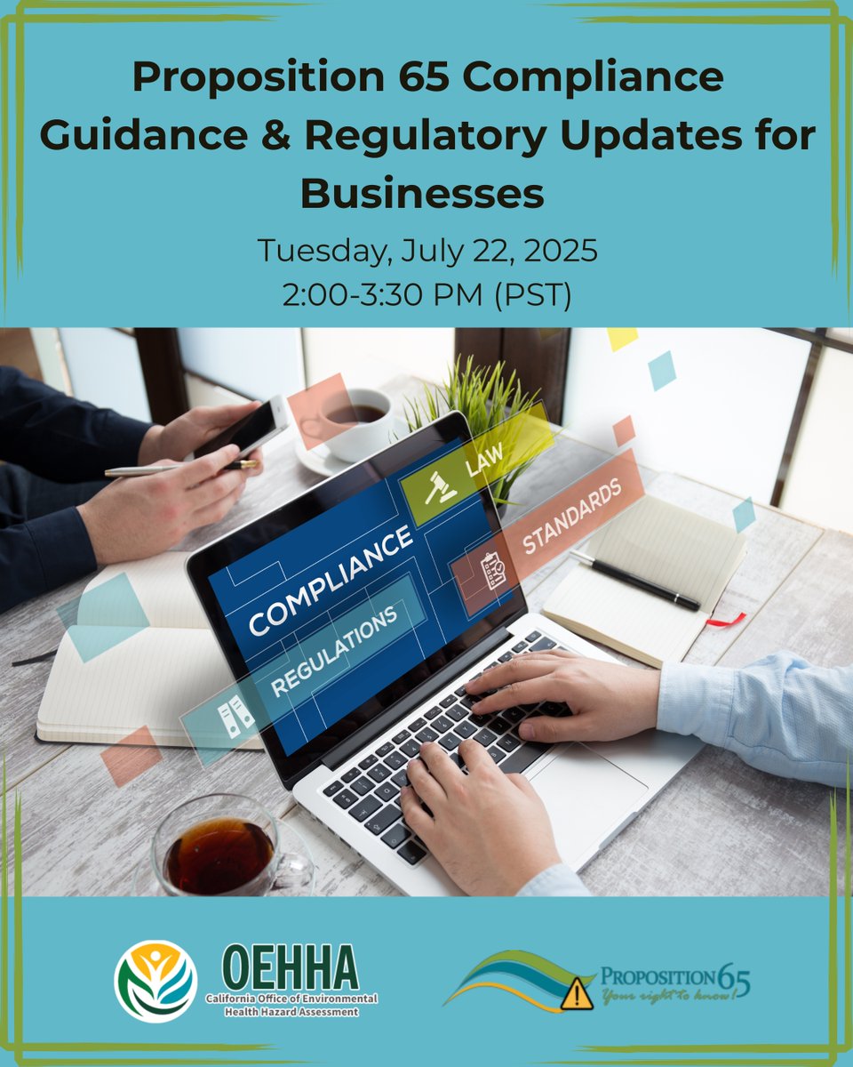 Join OEHHA’s #Proposition65 Implementation Team for a hybrid training 2:00-3:30 pm (PST) Tuesday, July 22 to help businesses understand &amp; comply with Proposition 65. 

Register on Zoom at us02web.zoom.us/webinar/regist…

For details, go to oehha.ca.gov/proposition-65…