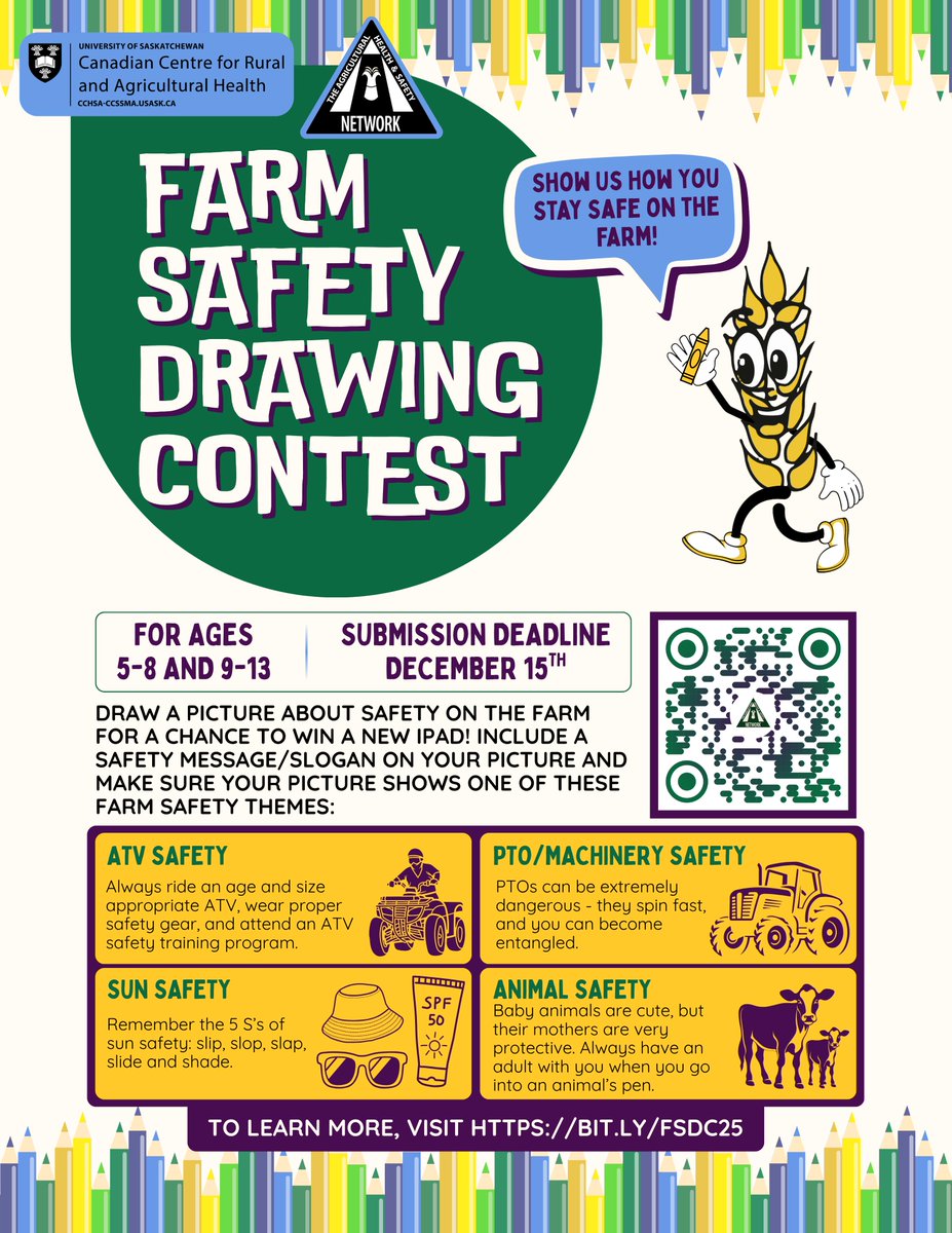 SaskAgSafety's tweet image. Our Farm Safety Drawing Contest is back! Pick a theme, create your masterpiece, and you could win an iPad! 🖍️🚜
Get your crayons ready - Enter now! 👉bit.ly/FSDC25
#FarmSafety #SaskAg #AgHealthandSafety