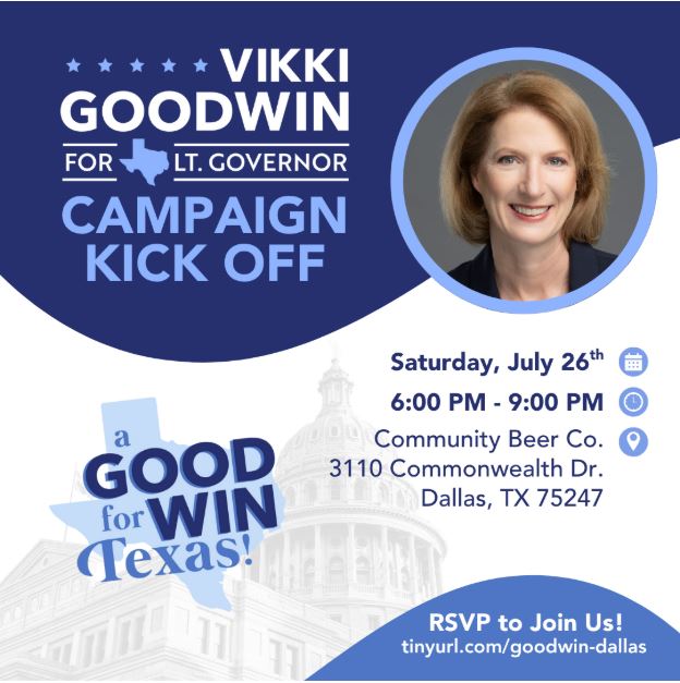 VikkiGoodwinTX's tweet image. Next Saturday, we're bringing our campaign to Dallas, and I can't wait to connect with the incredible supporters who are ready to help us build a better Texas.
When: July 26th, 6 to 9 PM
Where: Community Beer Co.
3110 Commonwealth Dr., Dallas TX 75247
What: Campaign kick off…