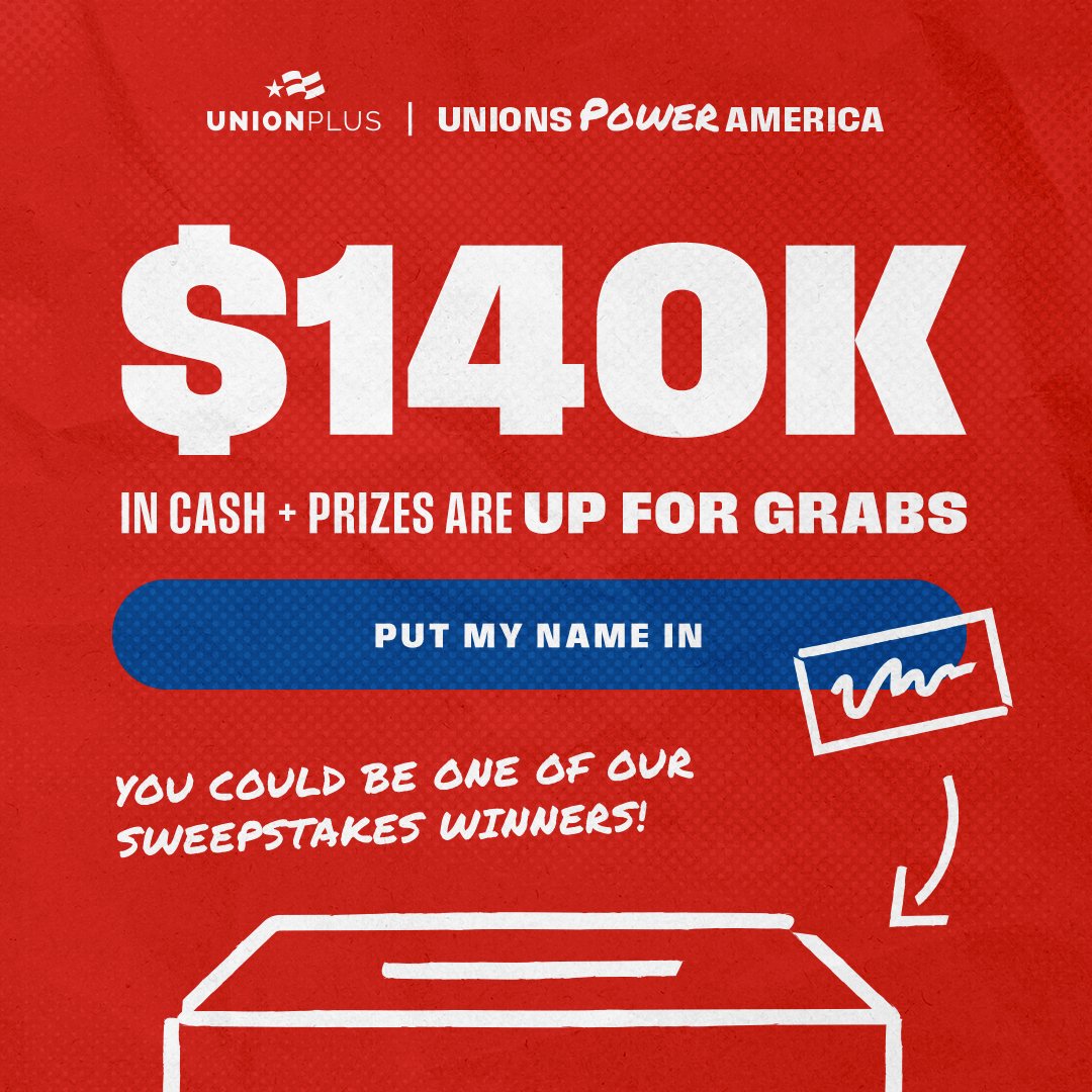 boilermakernews's tweet image. 🎉 $40K. A holiday trip to NYC. The #UnionsPowerAmerica Sweepstakes is BACK and this year’s prizes are the biggest ever. Enter for your chance to win big and be part of the celebration
No Purch Nec. Ends 8/18/25. See Rules & Enter at: unionplus.click/unionspowerusa