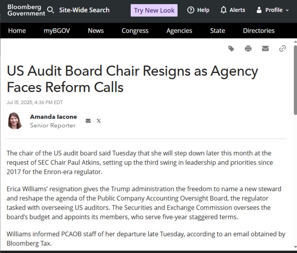 ElleBeyoud's tweet image. The head of auditing watchdog PCAOB, formed in the wake of the Enron scandal, has been asked to resign by Paul Atkins, the head of the SEC, @Aiacone reports.
Williams will step down later this month, per the report, citing an email sent to staff. bgov.com/news/SZGJXIGQ7…