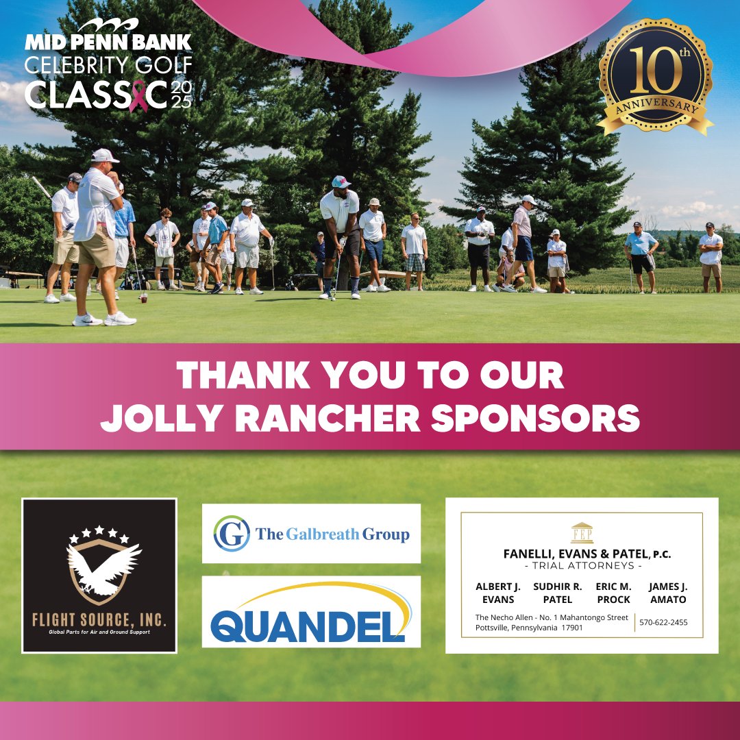 MPBGolfClassic's tweet image. We're excited to recognize our JOLLY RANCHER sponsors for the 2025 Mid Penn Bank Celebrity Golf Classic⛳!
- Flight Source
- Fanelli, Evans, & Patel, P.C.
- The Galbreath Group
- Quandel Construction
Thank you for supporting breast cancer charities! 🎀
#midpenn4charity…
