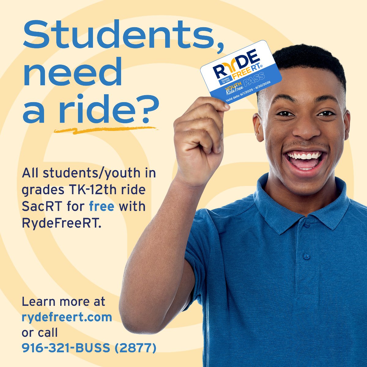 RideSacRT's tweet image. Students ride SacRT for free all year long with RydeFreeRT! Simply show the bus operator your RydeFreeRT card upon boarding or the light rail fare inspector upon request. Cards can be picked up at our customer service building, located at 1225 R Street.
Learn more at…