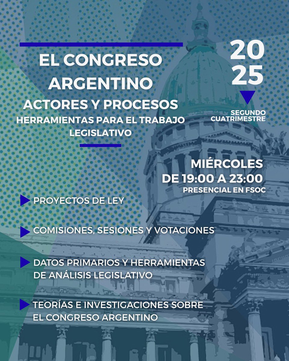 Pablo Salinas (@salinaspabloj) on Twitter photo 💡 ¿Querés entender cómo funciona el Congreso más allá del recinto? Esta materia optativa es para vos!
📄Acá podés ver el programa👉 acortar.link/auxCC8
🔗 Inscribite acá👉 guarani.sociales.uba.ar/oferta_acad
📌 En esta materia vamos a trabajar con:
đź“„ Proyectos de ley
🏛️ Comisiones, 💡 ¿Querés entender cómo funciona el Congreso más allá del recinto? Esta materia optativa es para vos!
📄Acá podés ver el programa👉 acortar.link/auxCC8
🔗 Inscribite acá👉 guarani.sociales.uba.ar/oferta_acad
📌 En esta materia vamos a trabajar con:
đź“„ Proyectos de ley
🏛️ Comisiones,
