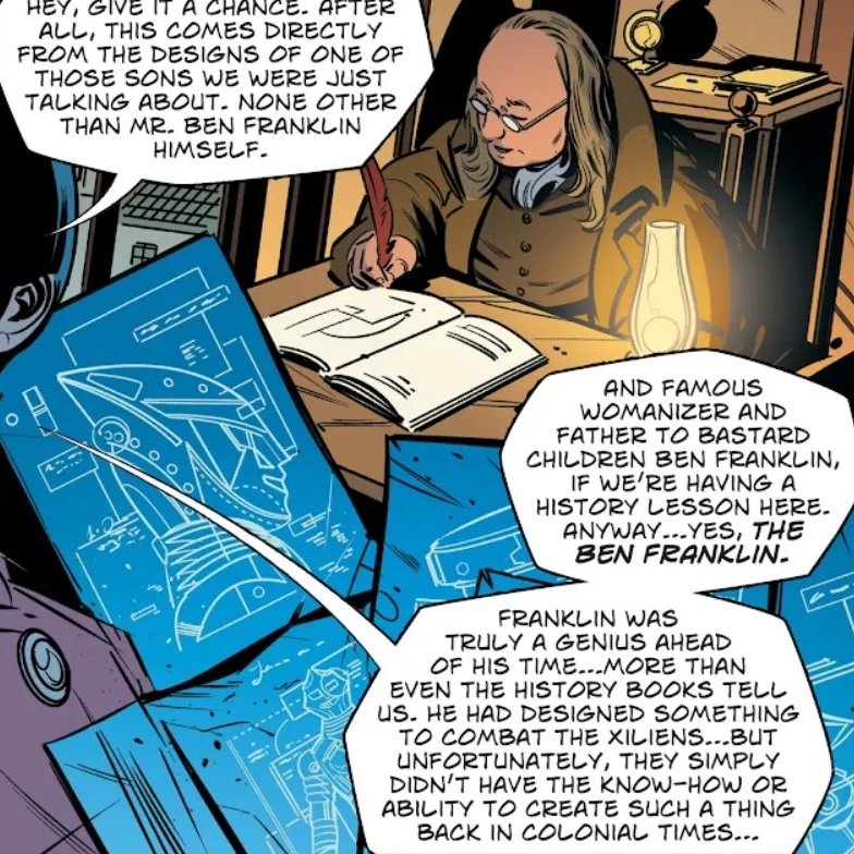 FunKaijuFacts's tweet image. In the latest issue of IDW's 'Godzilla: Here There Be Aliens', Jet Jaguar is created by Benjamin Franklin.