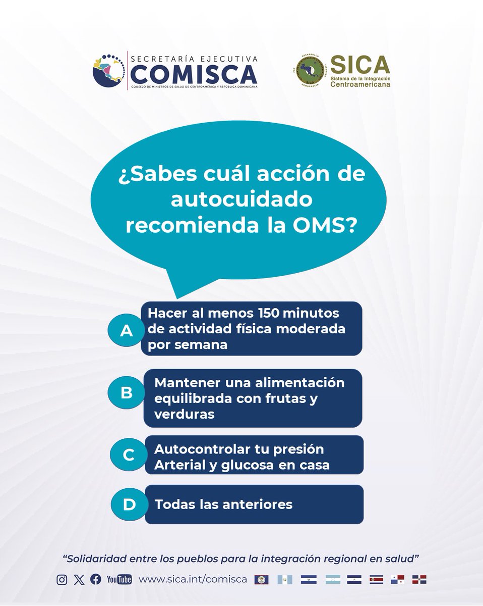 Viernes de Trivia…

¿Sabes cuál de estas acciones de autocuidado, recomendadas por la OMS, ayuda a prevenir enfermedades y mejorar tu bienestar❓

#PrevenciónEsSalud #EDAS #SaludParaTodos