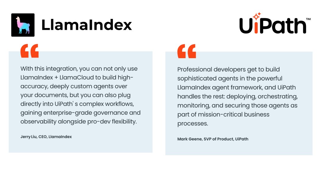 llama_index's tweet image. Deploy LlamaIndex agents seamlessly into enterprise environments with @UiPath's new coded agents support.
🚀 Full code-level control with the UiPath's Python SDK
🔧 Build custom agents that pull data from enterprise systems and make decisions using embedded rules or AI models
⚡…
