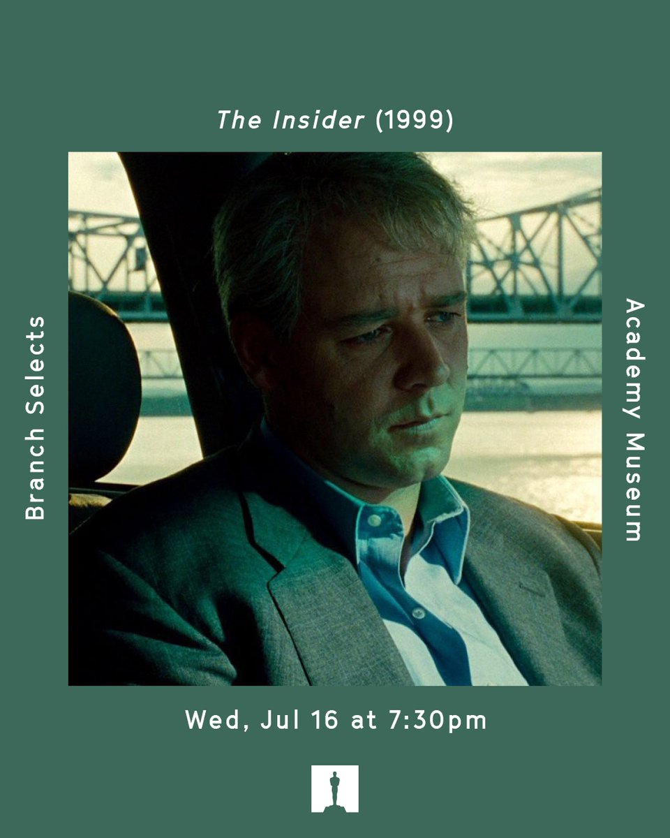 AcademyMuseum's tweet image. July 16 at 7:30PM | THE INSIDER in 35mm
A tense showdown between journalism and big tobacco, THE INSIDER (1999) is Michael Mann at his sharpest.
Catch this 35mm screening with the legendary director and co-writer Michael Mann joining us in person.
🎟️ acadmu.se/TheInsider