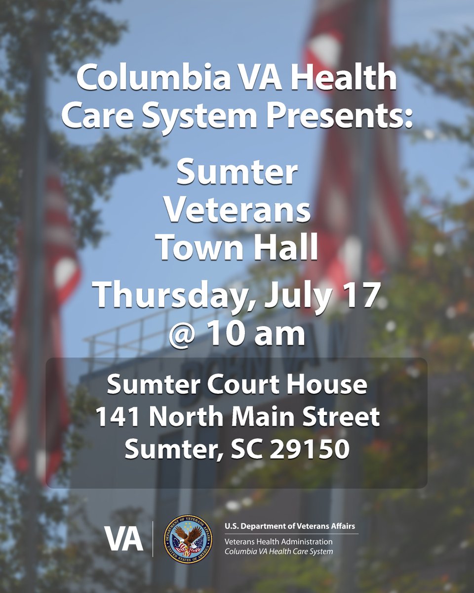 Veterans! Join us July 17, 10 AM at Sumter Court House for updates &amp; questions. Virtual option available! 📅💻 #Veterans #TownHall bit.ly/SumterVeterans…