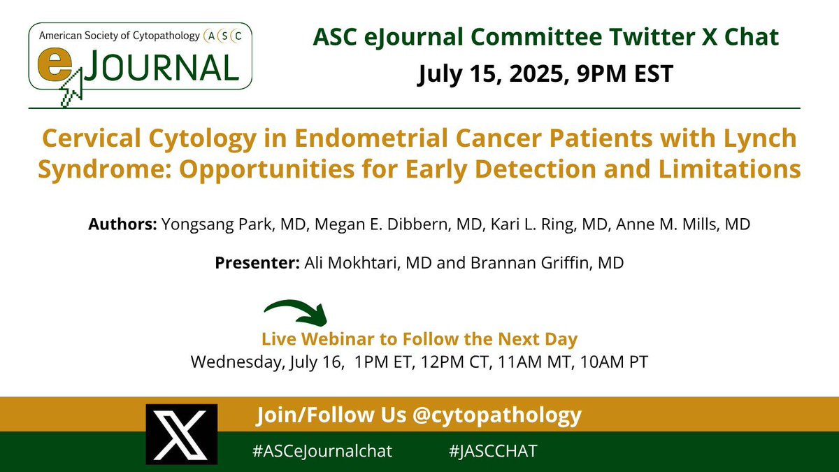 Join us for the ejournal live Twitter/X chat tonight at 9 pm ET, followed by a live webinar tomorrow, July 16, at 1 pm ET.
Register for the free webinar - buff.ly/brmZanT 
#cytopathology #cyto #cytopath