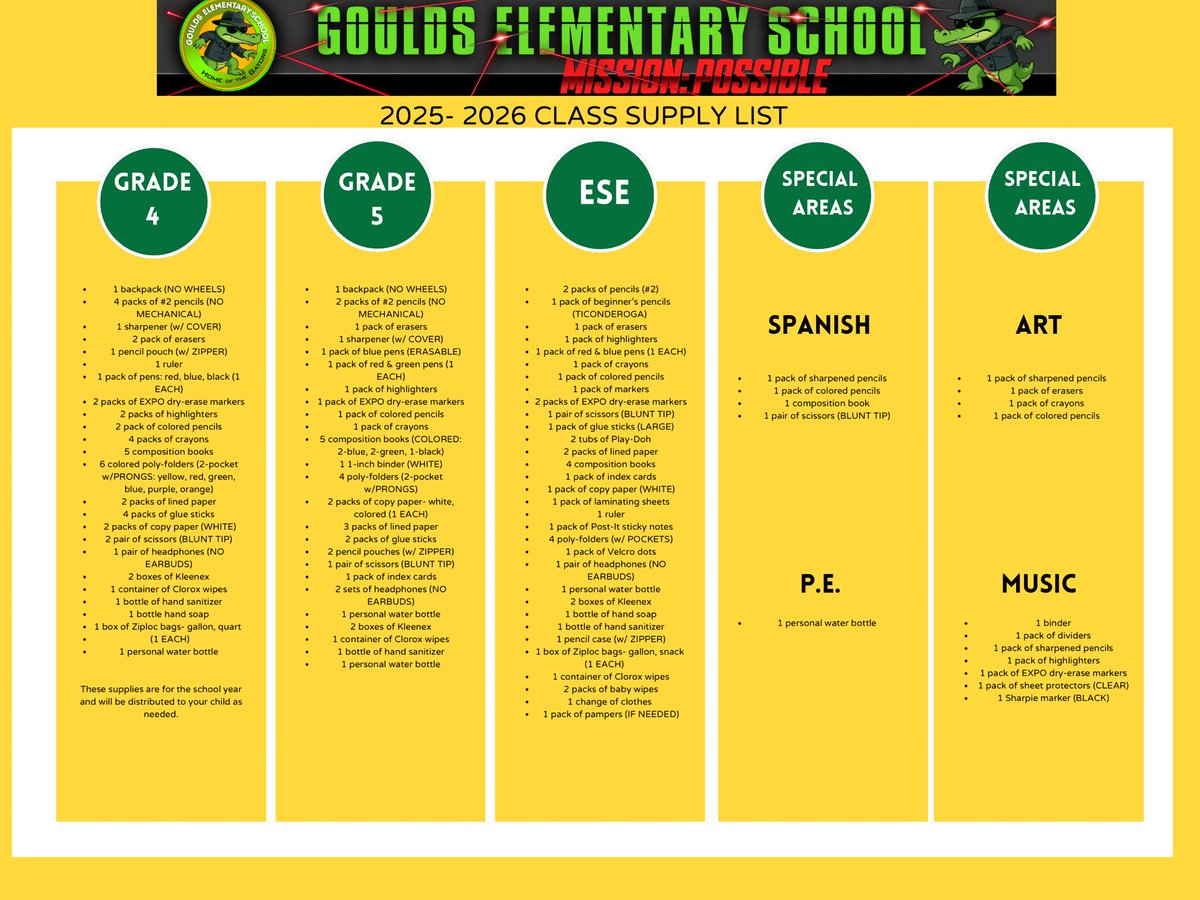 GouldsELMDCPS's tweet image. GOULDS ELEMENTARY SCHOOL
2025-2026 CLASS SUPPLY LIST