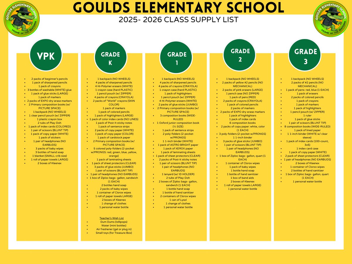 GouldsELMDCPS's tweet image. GOULDS ELEMENTARY SCHOOL
2025-2026 CLASS SUPPLY LIST