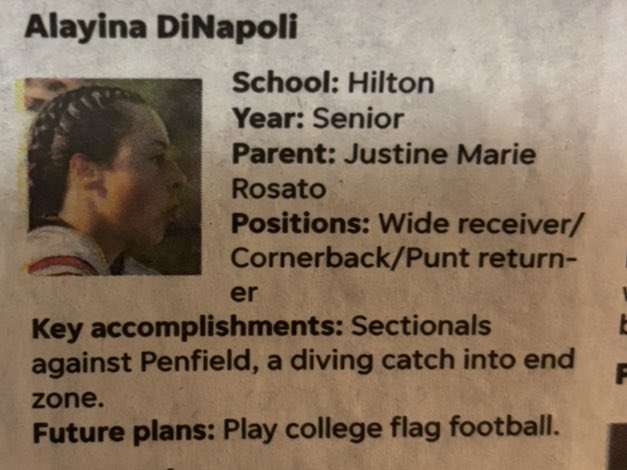 Hilton Flag Football Program (@hiltongirlsffb) on Twitter photo Congratulations to all these 🏈ladies. Special shout out to our very own Cadet Alayina DiNapoli for making the 1st Team AGR back to back years! <a href="/HiltonCadets/">Hilton Athletics</a> <a href="/HiltonCSD/">Hilton CSD</a> <a href="/sectionvflagfb/">Section V Flag Football</a> <a href="/DandC/">Democrat & Chronicle</a> <a href="/jjDandC/">James A. Johnson</a> Congratulations to all these 🏈ladies. Special shout out to our very own Cadet Alayina DiNapoli for making the 1st Team AGR back to back years! <a href="/HiltonCadets/">Hilton Athletics</a> <a href="/HiltonCSD/">Hilton CSD</a> <a href="/sectionvflagfb/">Section V Flag Football</a> <a href="/DandC/">Democrat & Chronicle</a> <a href="/jjDandC/">James A. Johnson</a>