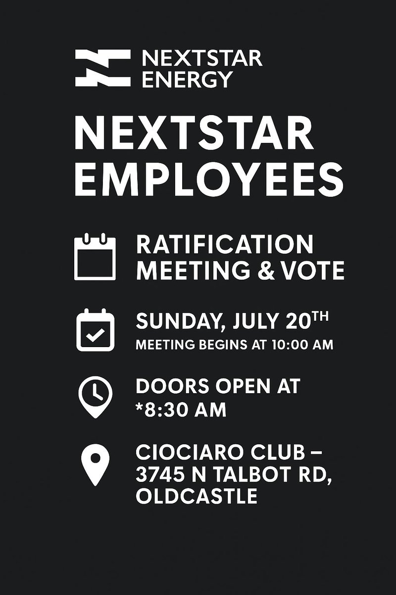 LOCAL444UNIFOR's tweet image. 🚨 Tentative Agreement Reached!
Unifor & Local 444 have reached a historic first agreement with NextStar Energy—setting the bar for Canada’s electrified sector.
📅 Ratification Vote: Sunday, July 20
📍 Ciociaro Club | ⏰ 10AM (Doors 8:30)
Bring work badge
#Local444 #NextStar