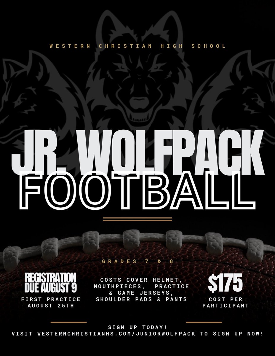 Western Christian Wolfpack Athletics (@wolfpack_wc) on Twitter photo 🏈 season is right around the corner! <a href="/WcWolfpackFB/">Wolfpack Football</a>
Register 👇
westernchristianhs.com/community/juni… 🏈 season is right around the corner! <a href="/WcWolfpackFB/">Wolfpack Football</a>
Register 👇
westernchristianhs.com/community/juni…