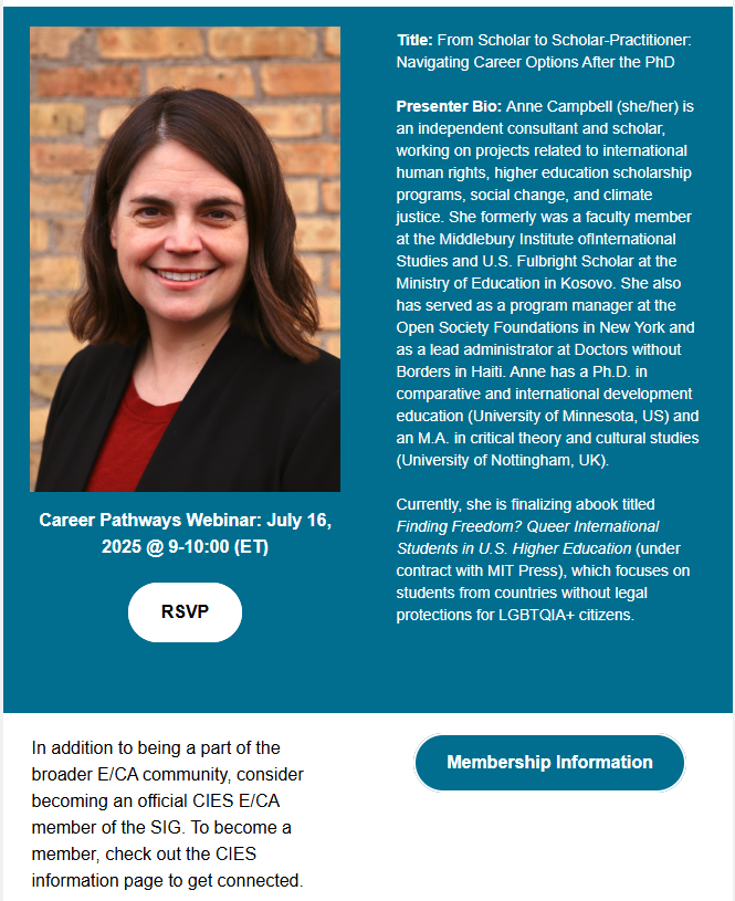 Our second webinar in the Europe and Central Asia SIG at <a href="/CIESEurasia/">CIES Europe and Central Asia</a> is on July 16 at 9am ET with Dr Anne Campbell - From Scholar to Scholar-Practitioner: Navigating Career Options After the PhD mailchi.mp/8f09a0faead5/c…
