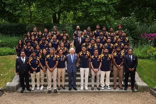 15/7/2025 King Charles III meets members of the India men's and women's Test cricket teams during an audience in the gardens of Clarence House, London.