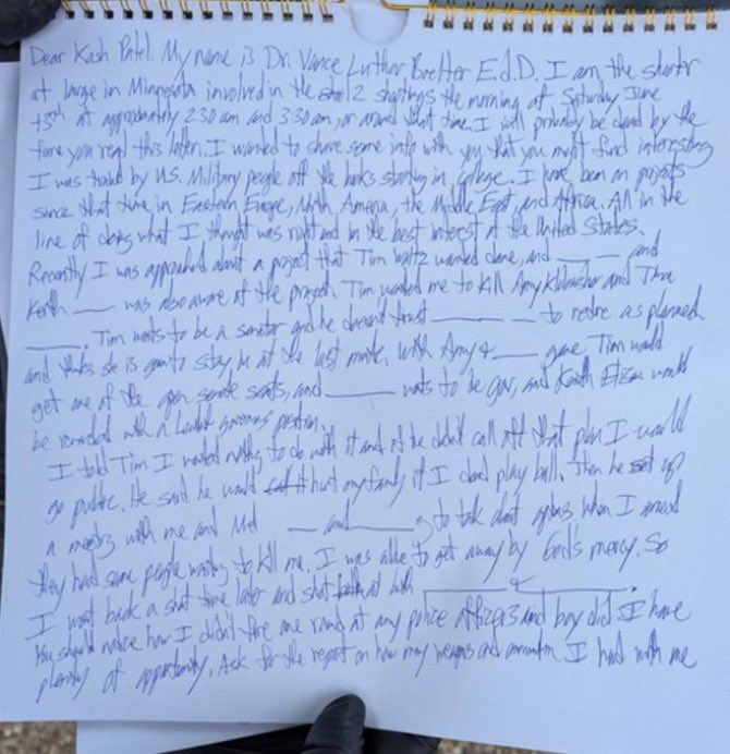 TCNetworkFans's tweet image. Vance Boelter’s confession letter has been released following his federal indictment.
Here is what is says:
“Dear Kash Patel,
My name is Dr. Vince Lethorn Berthar, Ed.D. I am the shooter at large in Minnesota involved in the June 12 shootings, which happened in the early…