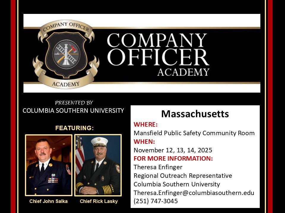 **Company Officer Academy date change**
Our November Academy in Mansfield, Massachusetts, has been moved so not to conflict with Veteran’s Day. The new dates are November 12-14, 2025.
See registration info on flyer. Thank you! #COA #CSU <a href="/CSUedu/">Columbia Southern U</a>  <a href="/chiefsalka/">John J. Salka, Jr.</a>