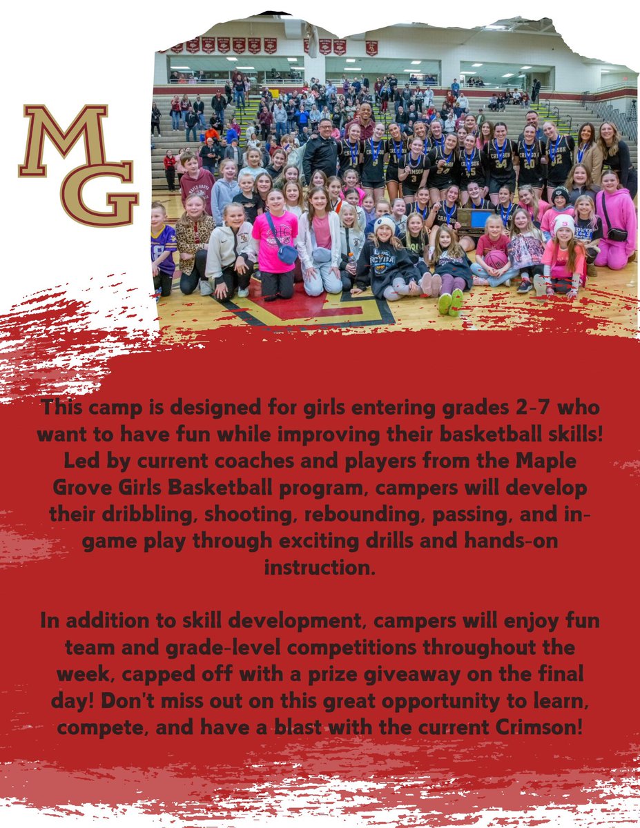 We have our final youth camp of the summer next week Monday-Thursday from 9:00-11:00! We have a few spots remaining still! 
Registration Link: crimsongirlsbasketball.sportngin.com/register/form/…