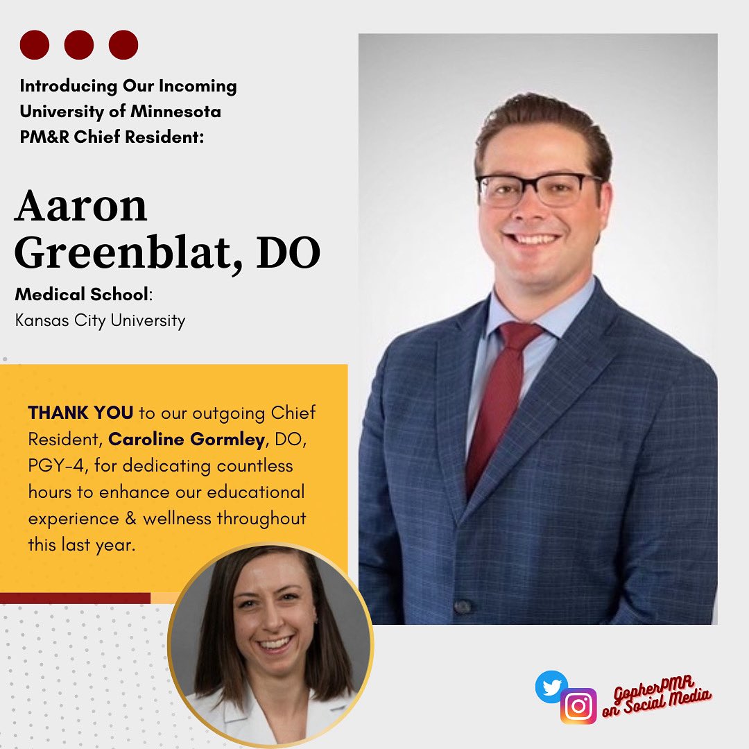 🎉 Please welcome Dr. Aaron Greenblat as our new chief for the next year, joining Dr. Paola Toussaint! 🙌 

💛 Huge thanks to Dr. Caroline Gormley for your amazing year as chief! Congrats on residency graduation &amp; best of luck at CU for peds rehab! #PMR #ChiefResident #physiatry
