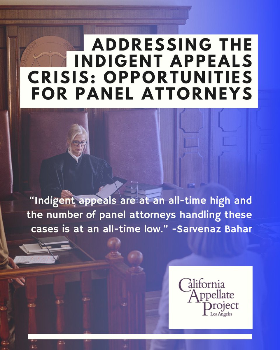 Sarvenaz renews her urgent call for attorneys to join panels serving indigent appeals—a crisis that continues to grow. Your service can make a real difference while offering mentorship, flexibility, and opportunities to expand your practice.

l8r.it/Sirb