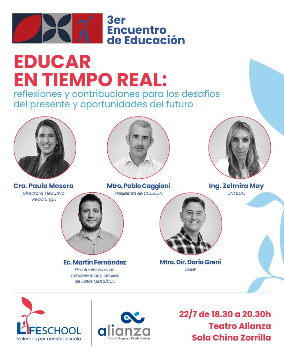🎓 Educar en Tiempo Real

📍 Martes 22/7 – 18:30 h
📌 Teatro Alianza

🗣 Panel:
• Pablo Caggiani – <a href="/ANEP_Uruguay/">ANEP</a> 
• Zelmira May – <a href="/UNESCOmvdo/">UNESCO Montevideo 🏛</a> 
• Martín Fernández – <a href="/midesuy/">Ministerio de Desarrollo Social</a> 
• Darío Greni - Esc. Rural 88
• Paula Mosera – <a href="/Reaching_U/">Fundación ReachingU</a>

Entrada libre: forms.gle/oDvr64MwhZRvt8…