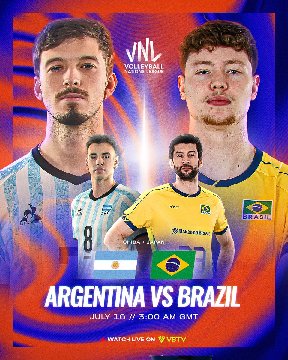 volleyballworld's tweet image. 🔥 SOUTH AMERICAN CLASH AT #VNL2025!

Brazil 🇧🇷 and Argentina 🇦🇷 face off in Chiba 🇯🇵 to kick off the final week of the preliminary phase! A fierce rivalry! 💥

🕛 3 AM GMT

📺 Watch it LIVE on VBTV: bit.ly/4dZI7ex.

🏐 #BePartOfTheGame #Volleyball #Volei #Voley