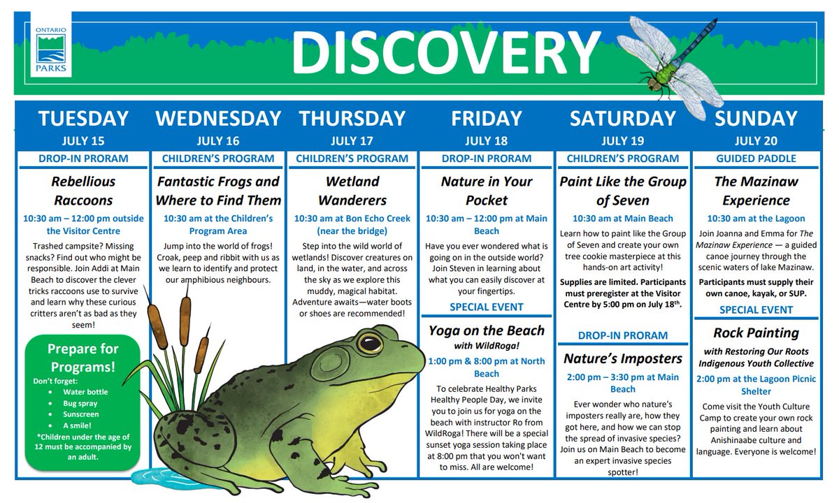 Discover what's happening this week in Bon Echo (July 15-20)! 🐸 

There is something fun for everyone!

Check out our park events page for a full list of park activities: ontarioparks.ca/park/bonecho/e…