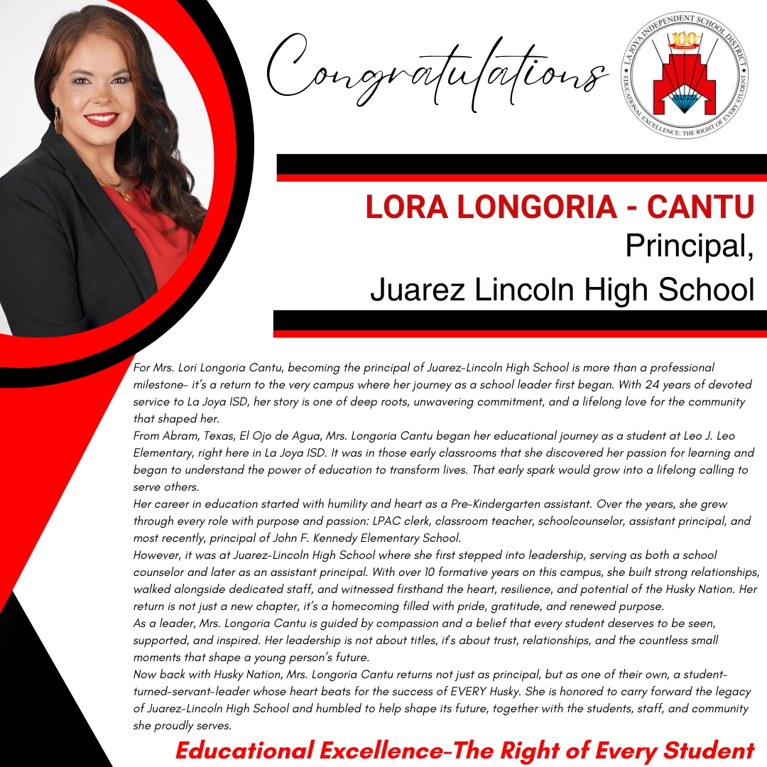 🎉 Big Congratulations to Our Incredible Leaders! 🎉

👏 Jose Peña – Executive Director for Athletics
👏 Lora Longoria-Cantu – Principal of Juarez-Lincoln High School

Your dedication, passion, and leadership continue to make a difference for our students, staff, and community.