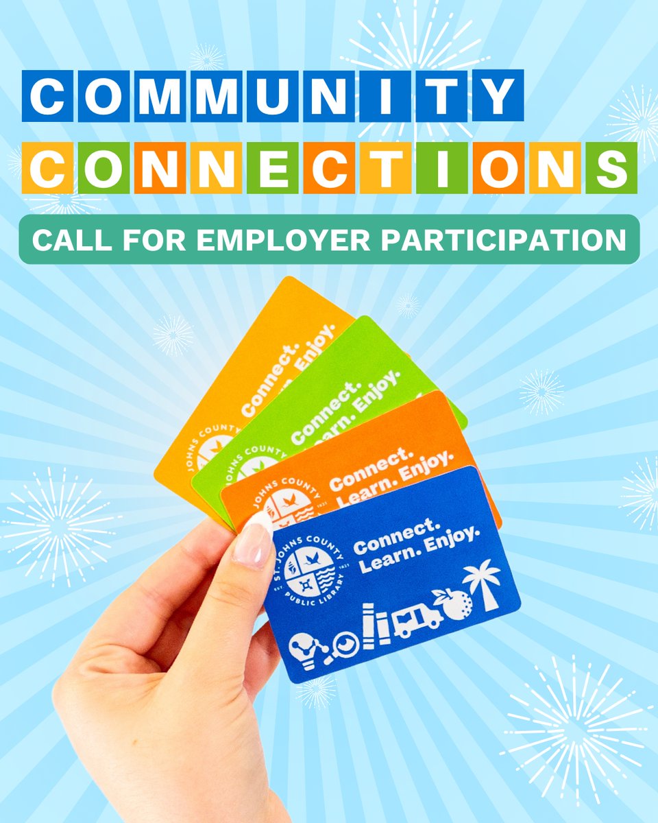📣 Calling All Local Businesses to Join Our Library Card Sign-Up Month this September! 📣 

The SJC Public Library has announced the 2nd annual Community Connections Discount Program and invites local businesses to participate!  bit.ly/3IwpPXk

#MySJCFL #ILoveMySJCPLS