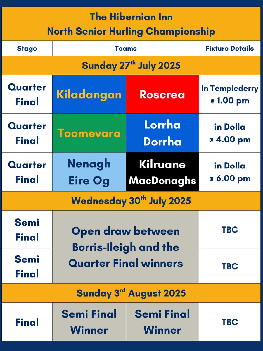 Dates for The Hibernian Inn North Senior Hurling Championship