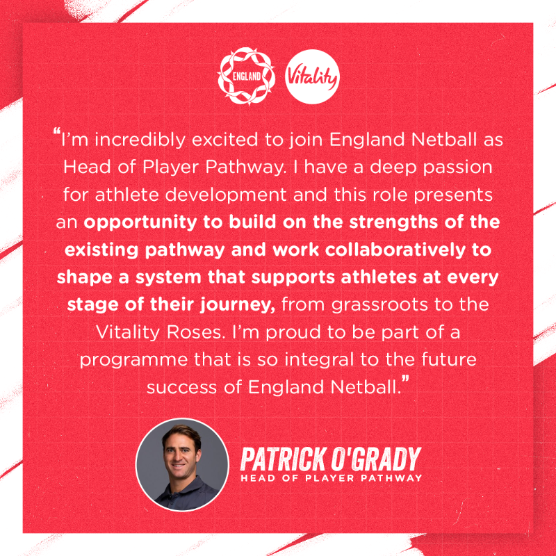 EnglandNetball's tweet photo. A new Head of Player Pathway 🪜
 
🏐 We’re excited to welcome Patrick O'Grady to the Performance team, where he’ll play a key role in ensuring we have an unending pipeline of world-class athletes ready for @NetballSL and international competition.
 
Read more about his role ⬇️