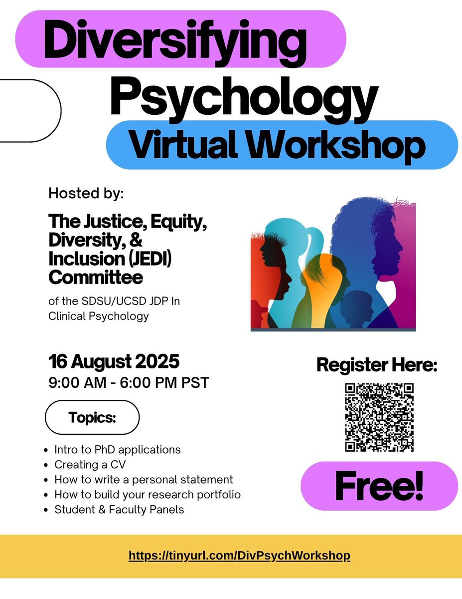 Thinking about a PhD in psychology?
Join the Diversifying Psychology Virtual Workshop hosted by the SDSU/UCSD JDP!

August 16, 2025 | 9 AM – 6 PM PST

Topics include PhD applications, CV writing, research portfolios, and more.
Free to attend!

Register: tinyurl.com/DivPsychWorksh…