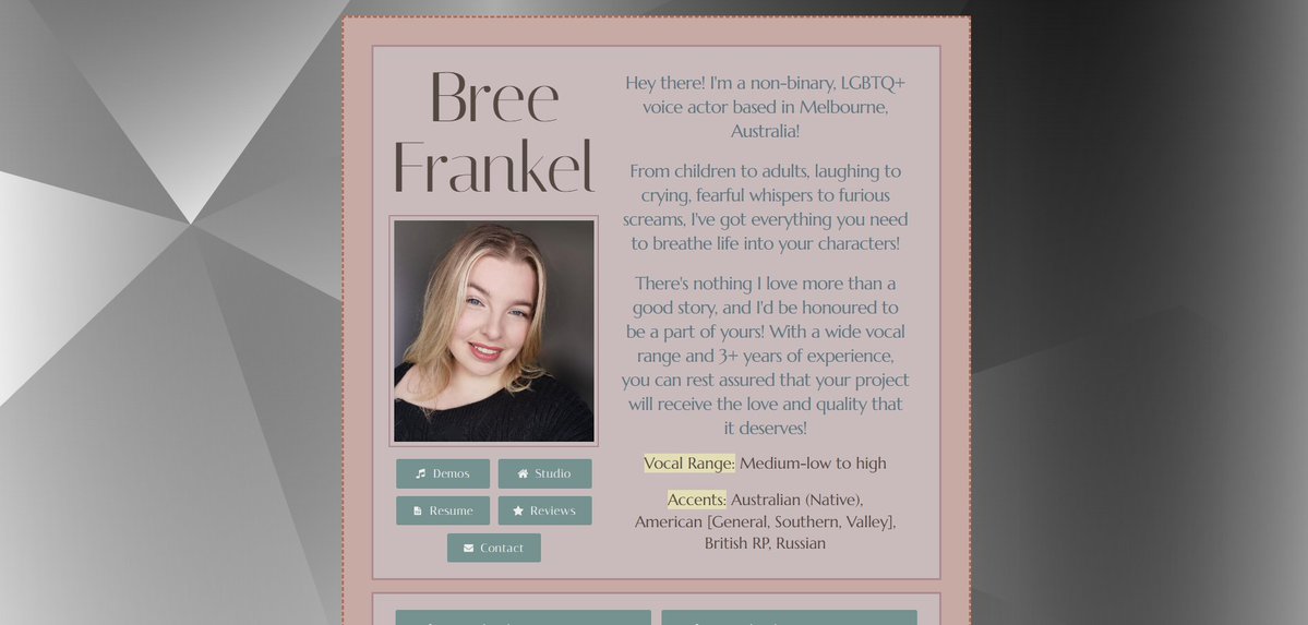 BreeFrankelVO's tweet image. Ooooooooo~ you wanna look at my shiny updated website so bad ooooooooo~
breefrankelvo.carrd.co