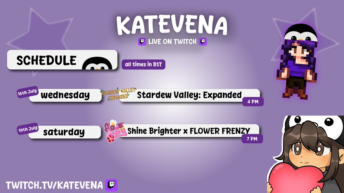 HAI im back oh my golly gosh  

MY STREAM SCHEDULE FOR THIS WEEK! (starting tomorrow!!)  

see you all there ^-^