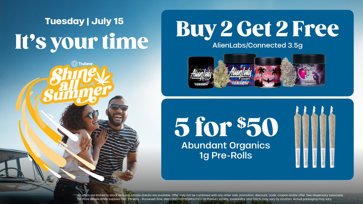 trulieve_az's tweet image. ☀️ It’s your time to shine with unbeatable summer vibes! 🌴✨ Treat yourself and double up on happiness — amazing deals that make every day feel like a celebration. 😎
trulieve.com/discover/promo…