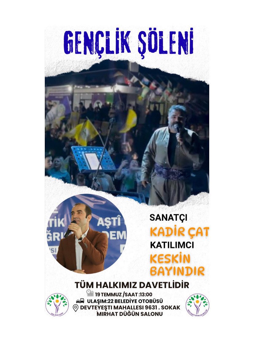 “Sosyalist yaşamda ısrar ediyoruz, Özgür Önderlikle Örgütleniyoruz”şiarıyla başlattığımız kampanya dahilinde Gençlik Şöleninde buluşuyoruz !☀️
Yer: Mirhat Düğün Salonu
Tarih: 19 Temmuz Cumartesi
Saat:13:00