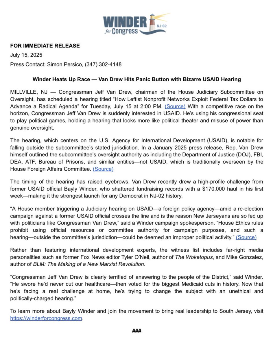 Winder4Congress's tweet image. Instead of serving the needs of our District and working on serious policy issues, Jeff Van Drew is busy trying to change the subject from his record—like voting for the biggest Medicaid cuts in history—by holding an absurd and unethical hearing on USAID…which just happens to be…