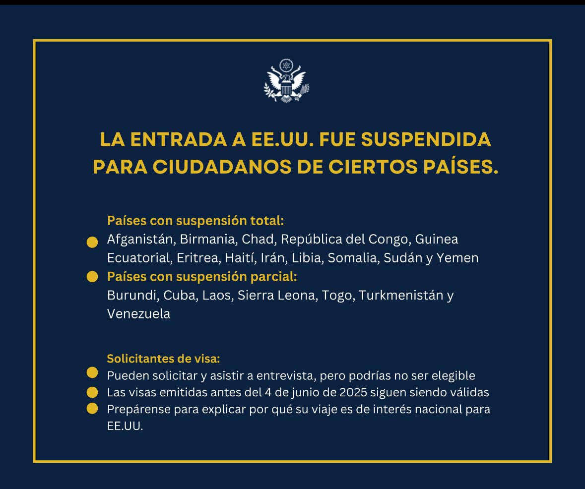 #Ahora 
Recuerda EEUU aplicación de medida suspensión total y parcial de visas a 17 países: 
Suspensión total de visa a ciudadanos de Haití; 
Suspensión parcial a ciudadanos de Cuba y Venezuela.