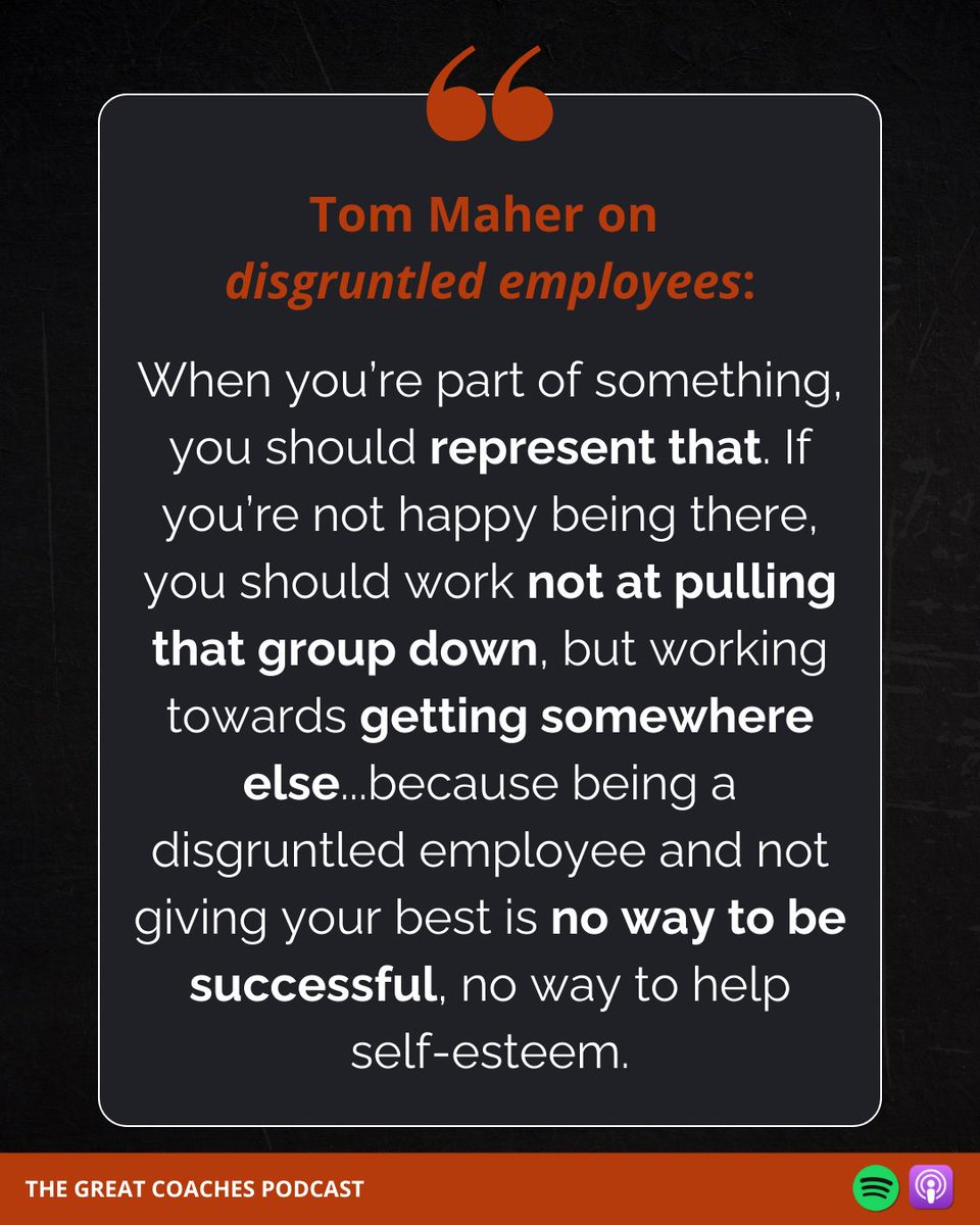 CoachesGreat's tweet image. We often hear about 'quiet quitters' and the damage that one unhappy person can inflict on a team's culture.
Towards the end of our interview with Great Coach Tom Maher, he speaks on the 'disgruntled employee' and why moving on is a better decision than remaining unhappy.
A…