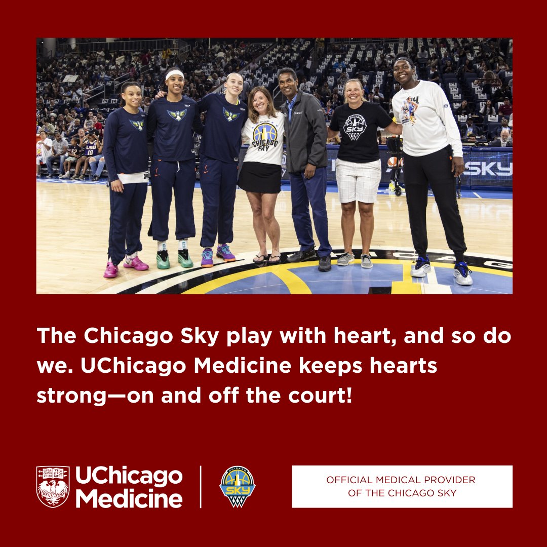 UChicagoMed's tweet image. Dr. Valluvan Jeevanandam and Colleen LaBuhn, Executive Director for the Heart and Vascular Center, got to join the Chicago Sky on the court! 🏀