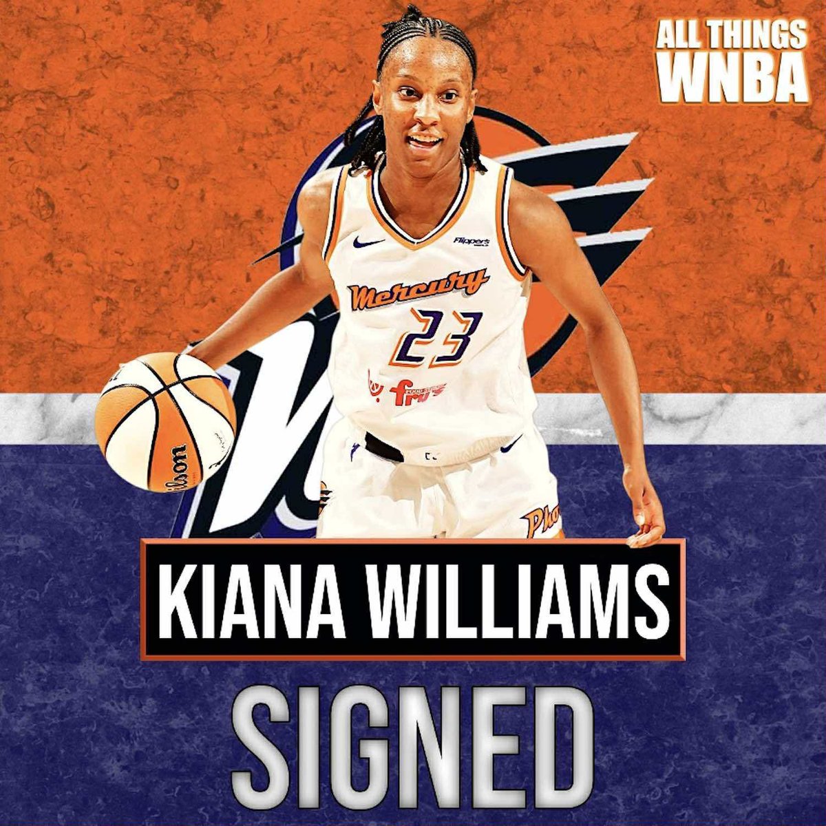 Phoenix Mercury announced they have signed Kiana Williams to a first 7-day contract

The 5'7" guard appeared in 4 games with the team earlier this season and averaged 5.3 PPG (60 FG%, 42.9 3FG%), 1.3 RPG, 1.0 APG and 0.3 SPG in 10.5 MPG