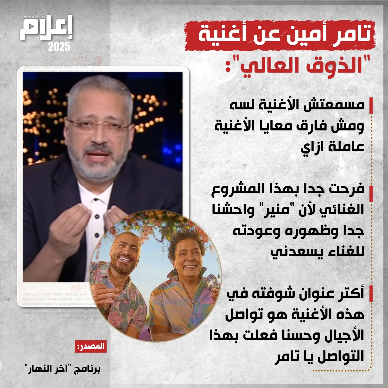 تامر أمين يشيد بتعاون الفنان محمد منير مع الفنان تامر حسني في أغنية "الذوق العالي" 