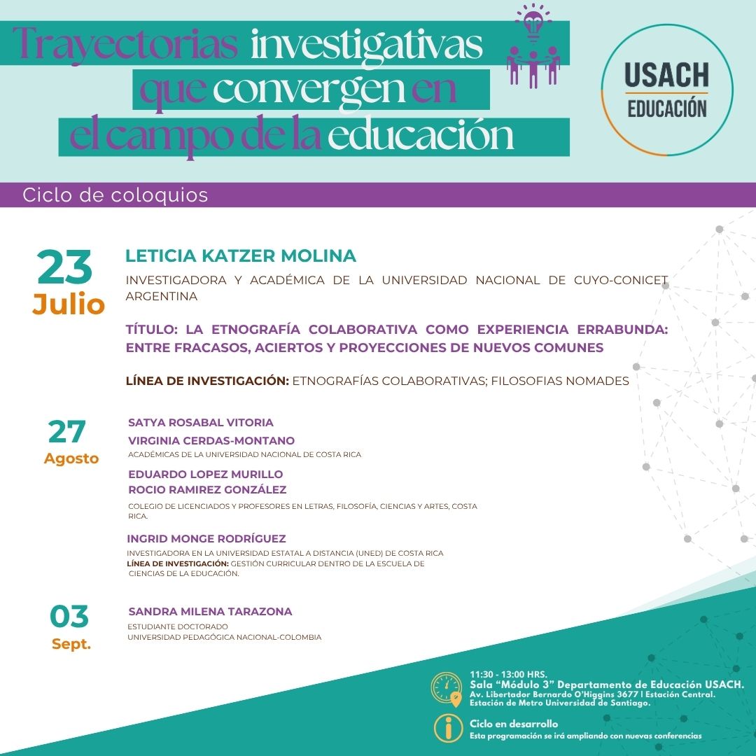 📣 Académicos(as) USACH | ¡Les invitamos al 2° coloquio del ciclo “Trayectorias investigativas que convergen en el campo de la educación”!
🗓 Mié 23 julio
🕦 11:30 h
📍 Módulo 3, Dpto. de Educación USACH
🎙️ Leticia Katzer (UNCuyo–CONICET)
+info👇
educacion.usach.cl