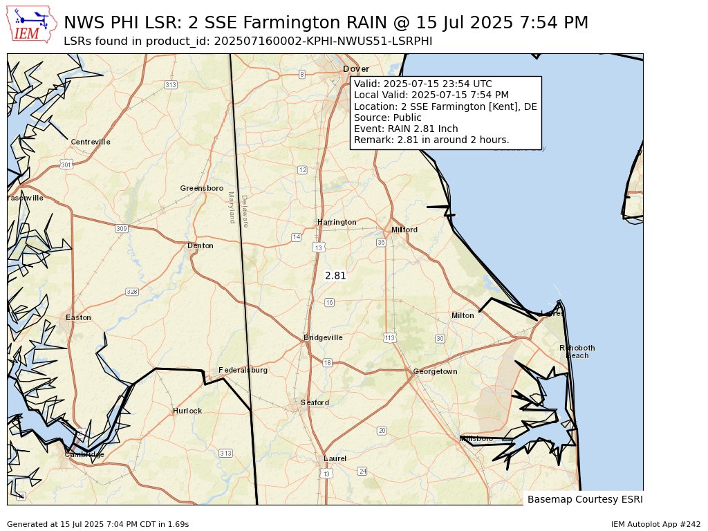 At 7:54 PM EDT, 2 SSE Farmington [Kent Co, DE] Public reports Rain of 2.81 Inch. 2.81 in around 2 hours. #dewx mesonet.agron.iastate.edu/lsr/?by=wfo&wf…