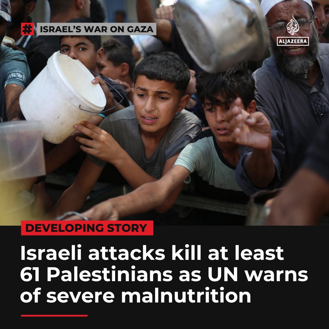 At least 61 Palestinians, including two aid seekers, were killed in Israeli attacks on Gaza as UNRWA warns child malnutrition is rising in the besieged enclave aje.io/m5o5ks